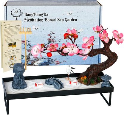 Mini Zen Garden Kit for Desk Tabletop Rock Sand Tray Therapy Kit Office Stress Relief Spiritual Decor Japanese Zen Healing Gifts for Lady Yoga Meditation Accessories with Bonsai Buddha Koli Fish Rake