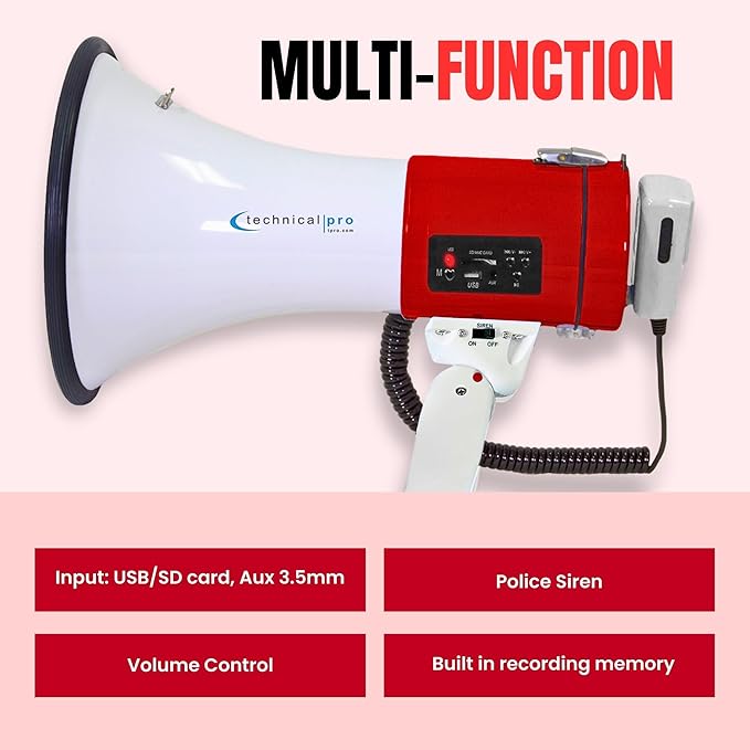 Technical Pro Portable Lightweight 75-Watt Megaphone Bullhorn w Siren, Detachable Microphone & Strap - Professional Outdoor Voice for Police & Cheer Leading