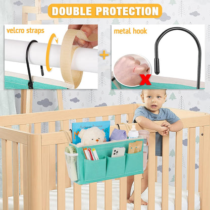 Bedside Caddy Bedside Organizer Bedside Storage Caddy with Fixed Straps and Water Bottle Holder for Home College Dorm Bunk Bed Hospital Bed Crib Bed Rails (2pcs Green)