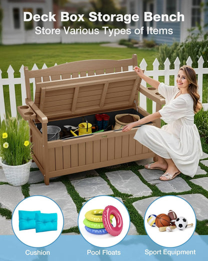 YEFU Outdoor Storage Bench for Patio: Heavy Duty Garden Bench Set of 2 with 96° High Backrest & Oversized Seating - HIPS Weatherproof Patio Bench with Storage for Porch Park Backyard, Teak