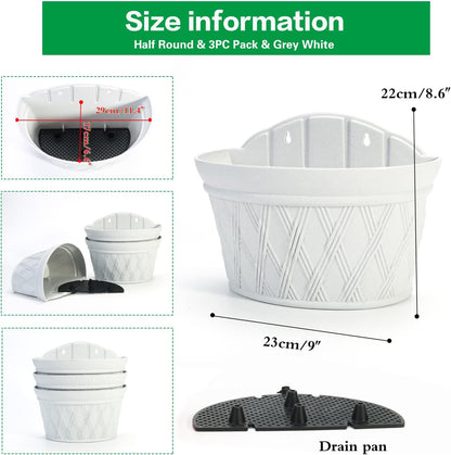 Sungmor Wall Hanging Planters,11.5 Inch Hanging Flower Pots for Railing Fence - Indoor Outdoor Balcony Wall Hanging Basket, Plastic Plant Pot Container - Half Round & 3PC Pack & Grey White