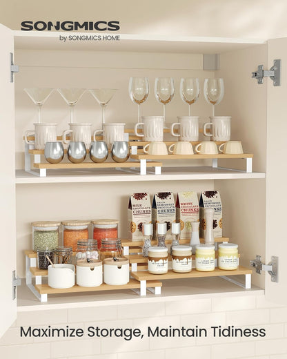 SONGMICS Display Risers, Set of 2 Engineered Wood Perfume Organizer Stand, 3-Tier Cupcake Stand Holder, Spice Rack, Shelf Risers for Figures, Dessert Shelves, Natural Beige and Cloud White UKCS016N02