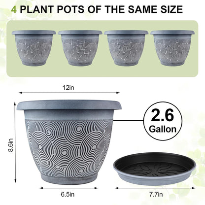 12 Inch Large Planter Pot for Plants Indoor Outdoor, 4 Pack Plastic Flower Pots with Drainage Hole & Tray, Modern Decorative Garden Pot with Saucer, Plant Container for House
