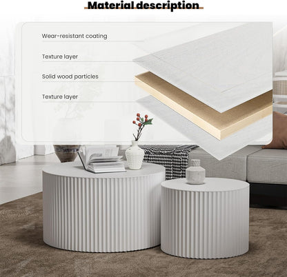 Round Nesting Coffee Table, Drum Wood Coffee Table Set of 2 White, Modern Fluted Nesting Tables Circle Center Table 2 Piece for Small Spaces Living Room Bedroom Balcony Office, No Assembling