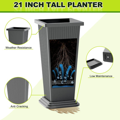 FENCY Set of 2 Tall Planters for Outdoor Plants, 24 Inch Large Tapered Pots with Drainage Trays, Weather-Resistant Plastic Plant Containers for Patio, Porch, Garden, Front Door Decor,Gray,Striped