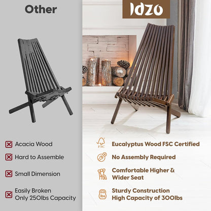 IDZO Elina FSC Eucalyptus Tamarack Chairs, 300Lbs Capacity Modern Adirondack Style, Wooden Folding Seats, for Fire Pit Outdoor & Indoor - Cinnamon, Set of 2