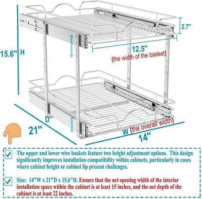 OCG 2 Tier Pull Out Cabinet Organizer (14" W x 21" D), Pull Out Drawers for Kitchen Cabinets, Pull Out Shelves for Base Cabinet Organization in Kitchen Bathroom Pantry, Chrome Finish