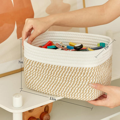 Small Cotton Rope Storage Basket Set of 3-11"x7"x7" Perfect Woven Baskets for Storage, Ideal Storage Baskets for Organizing Toys, Towels, and More - Baskets for Shelves（White & Mixed Camel）