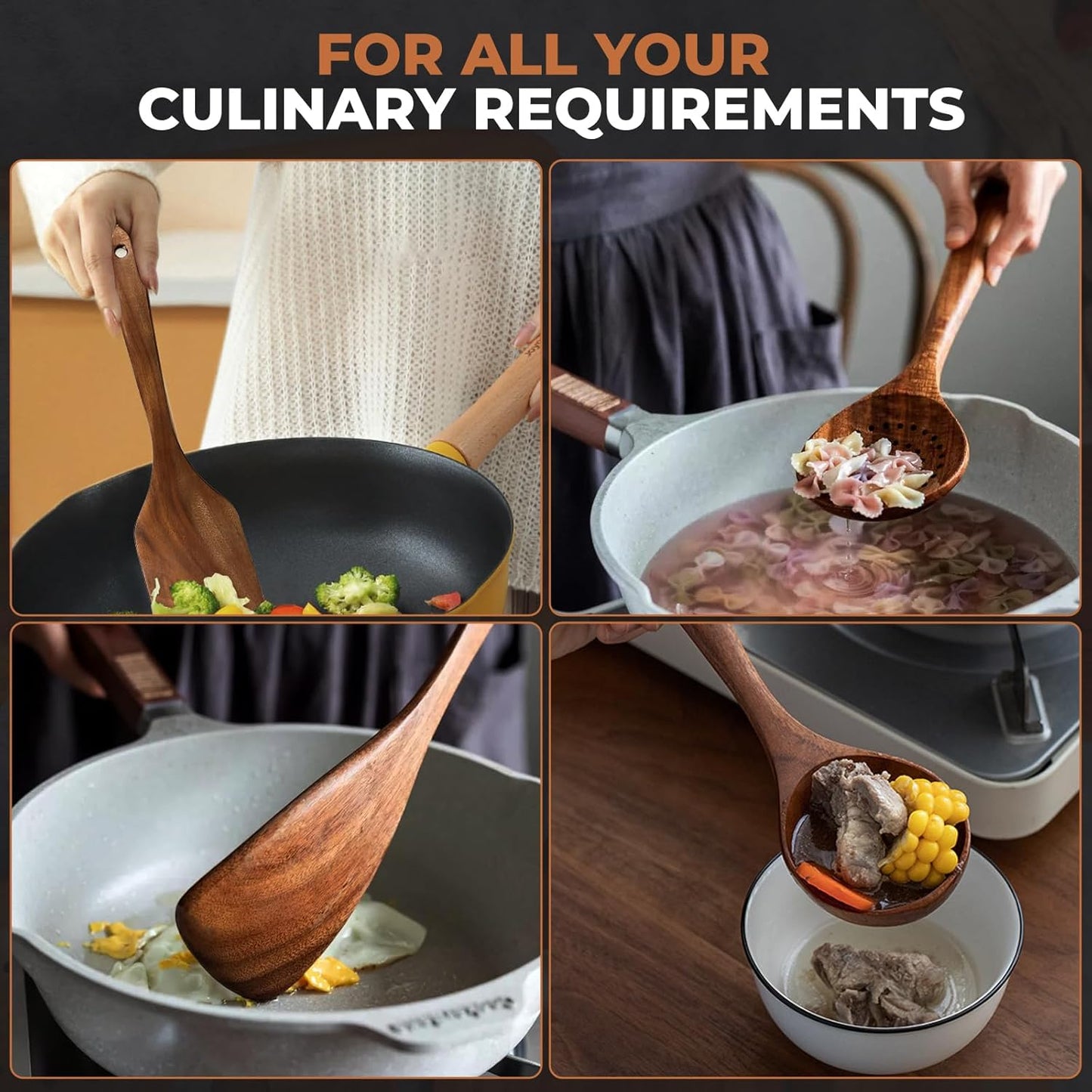 Wooden Spoons for Cooking, Kitchen Utensils Set, Wood Spatulas Soup Ladle Serving Spoons Teak Wooden Utensil Set（8 Pieces ）