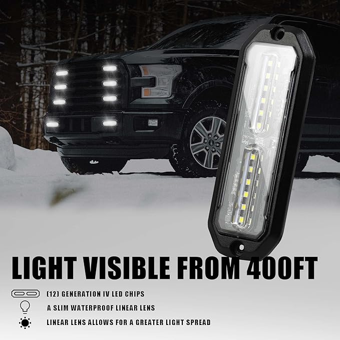 WINECO 8pcs Ultra Slim White 12-LED Surface Mount Grille Flash side marker Emergency Strobe Lights,Grill Warning Police Lights Hazard Beacon Flashing Caution Light for Vehicles Motorcycles 12V-24V