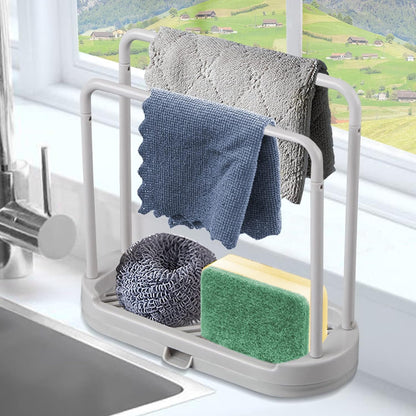 Kitchen Sponge Holder Dishcloth Hanger, Kitchen Sink Rack Tray Organizer Stand for Sponge, Dish Cloth, Rag, Brush, Scrubber Storage and Organization (Grey)