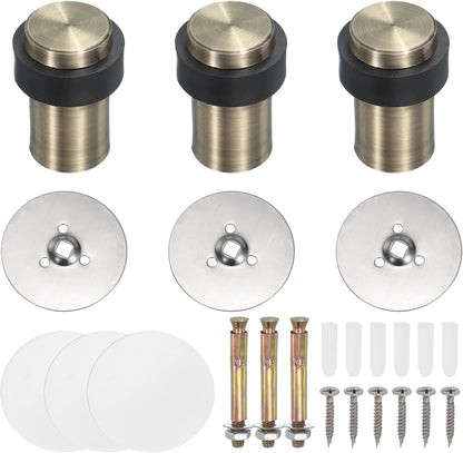 PATIKIL 3Set Round Door Stoppers, 60mm Stainless Steel Door Stop Doorstop Wedge Metal Cylinder Self Adhesive with Screw for Bottom of Door Floor Inside, Bronze