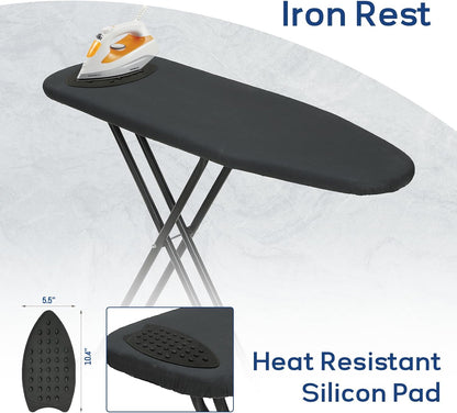 Ironing Board 43x13 with Iron Rest, RAINHOL Compact Iron Board Full Size with Thick Cover and Pad, Easy Storage Hanger with Heat-Resistant Silicone Pad, Space Saving and Height Adjustable, Black