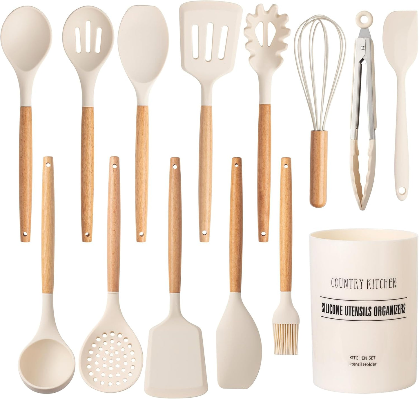 Country Kitchen Non Stick Silicone Utensil Set with Rounded Wood Handles for Cooking and Baking, 14 Piece Set, Khaki