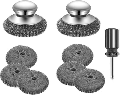 Stainless Steel Wool Metal Wire Scrubber Sponge Scouring Pads Brush Set with Handle for Cleaning Dishes,Pots and Pans,Kitchen Cast Iron,Stoves, Sink,Cooking Tools,Silver（9pcs）