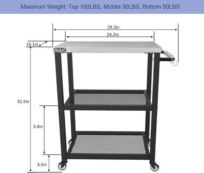 NUUK Three-Shelf Rolling Outdoor Dining Cart Table, 16" x 24" Stainless Steel Commercial Multifunctional Kitchen Food Prep Worktable on Wheels