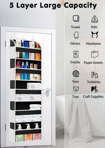 2 Pack Over The Door Storage Organizer with 5 Pockets 10 Mesh Side Pockets, 44 lbs Weight Capacity Door Hanging Organizers and Storage for Bedroom,Bathroom,Nursery,Pantry,Dorm(Black)