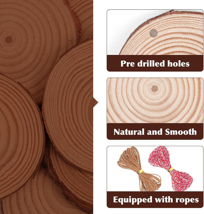 36 Pack Nature Wood Slices for Crafts,2.8-3.1In Unfinished Natural Wood Rounds.Wood Circles Predrilled with Hole and 20m Rope for Wooden Craft Supplies,Painting,Christmas Ornaments,DIY Gifts