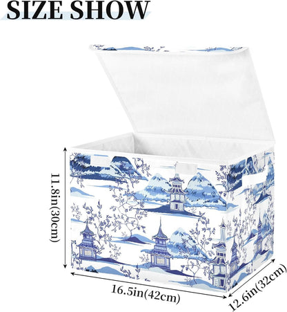 susiyo Ink Chinoiserie Pagodas Storage Bin Large Collapsible Storage Box Stackable design Fabric Storage Bins with Lids Decorative Multi-Color Foldable Organizing Baskets For Closet