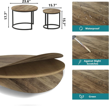 Smuxee Nesting Coffee Table Set of 2, 23.6" Round Coffee Table Wood Grain Top with Adjustable Non-Slip Feet, Industrial End Table Side Tables for Living Room Bedroom Balcony Yard