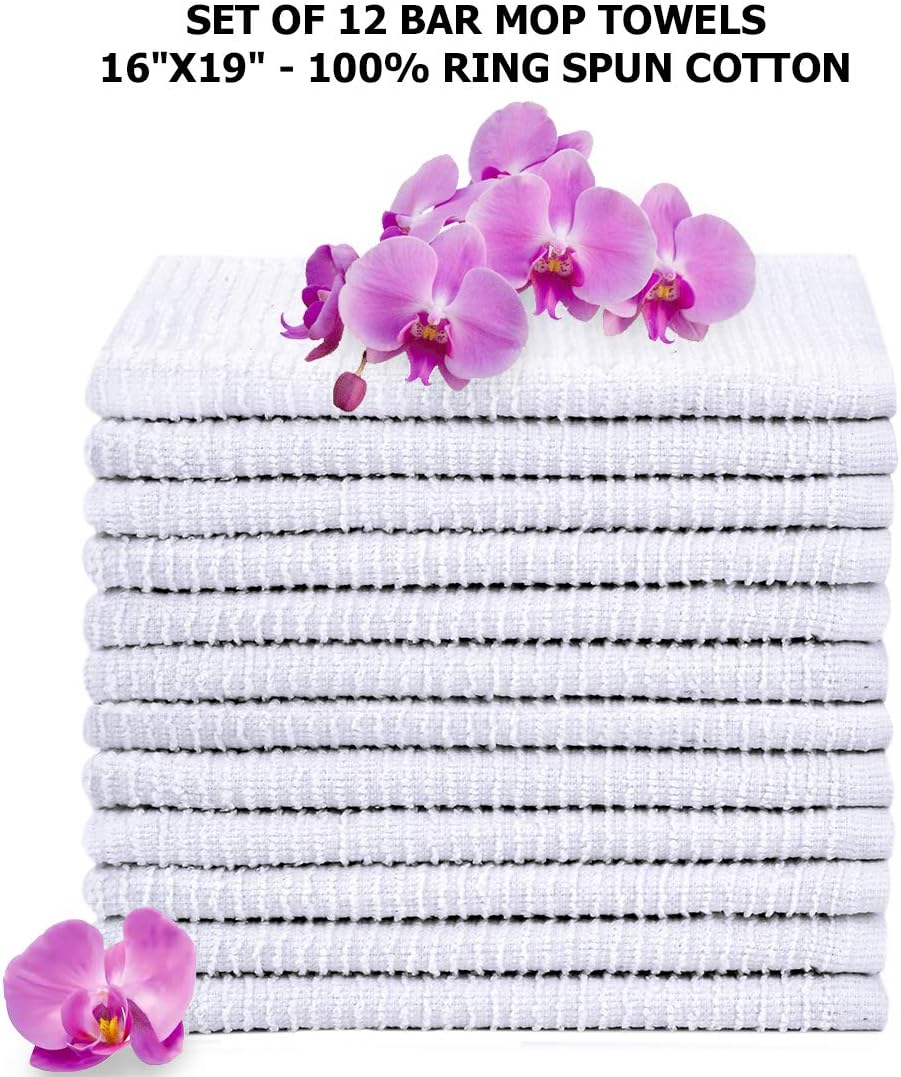 Bar Mop Towels 16”x19”, White Kitchen Bar Towel 12 Pack, 100% Cotton Ribbed Cleaning Cloths Rags, Super Absorbent Terry Shop Towels for Home Restaurant Commercial Use