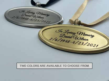 Personalized Engraved Name Tag for Urns - Customizable Plate for Cremation Urns - Engraved Hanging Plate in Silvery Tone with Satin Ribbon (Silvery Pendant)