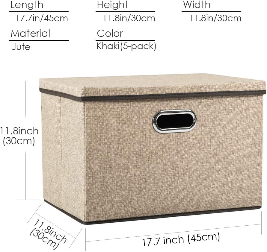 PRANDOM Large Collapsible Storage Baskets with Lids [5-Pack] Jute Fabric Foldable Storage Bins Boxes Organizer Containers Cube with Cover for Home Bedroom Closet Office Nursery (17.7x11.8x11.8)