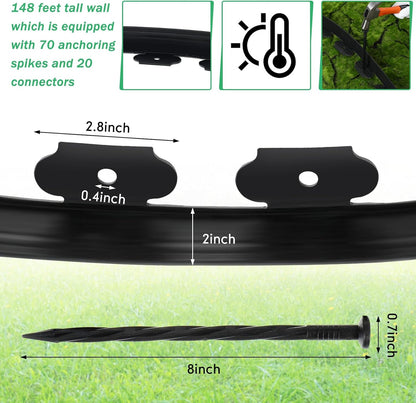 Queekay Landscape Edging Kit 148 ft with 70 Spikes 20 Connectors Plastic Border for Garden, Lawn, Yard, Pathway(Black,2 Inch)