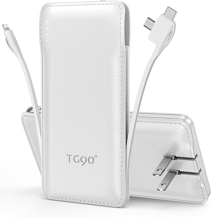 TG90° Portable Charger Power Bank with Built-in AC Wall Plug and Cables, 10000mAh USB C External Battery Charger Compatible with iPhone and Android Phones