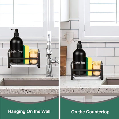 TEZZ Sponge Holder for Kitchen Sink- Stainless Steel Kitchen Sink Caddy for Organizing Sponge, Brush & Soap Dish Dispenser, coutertop Organizer Rack with Adhesive or Counter top, Black