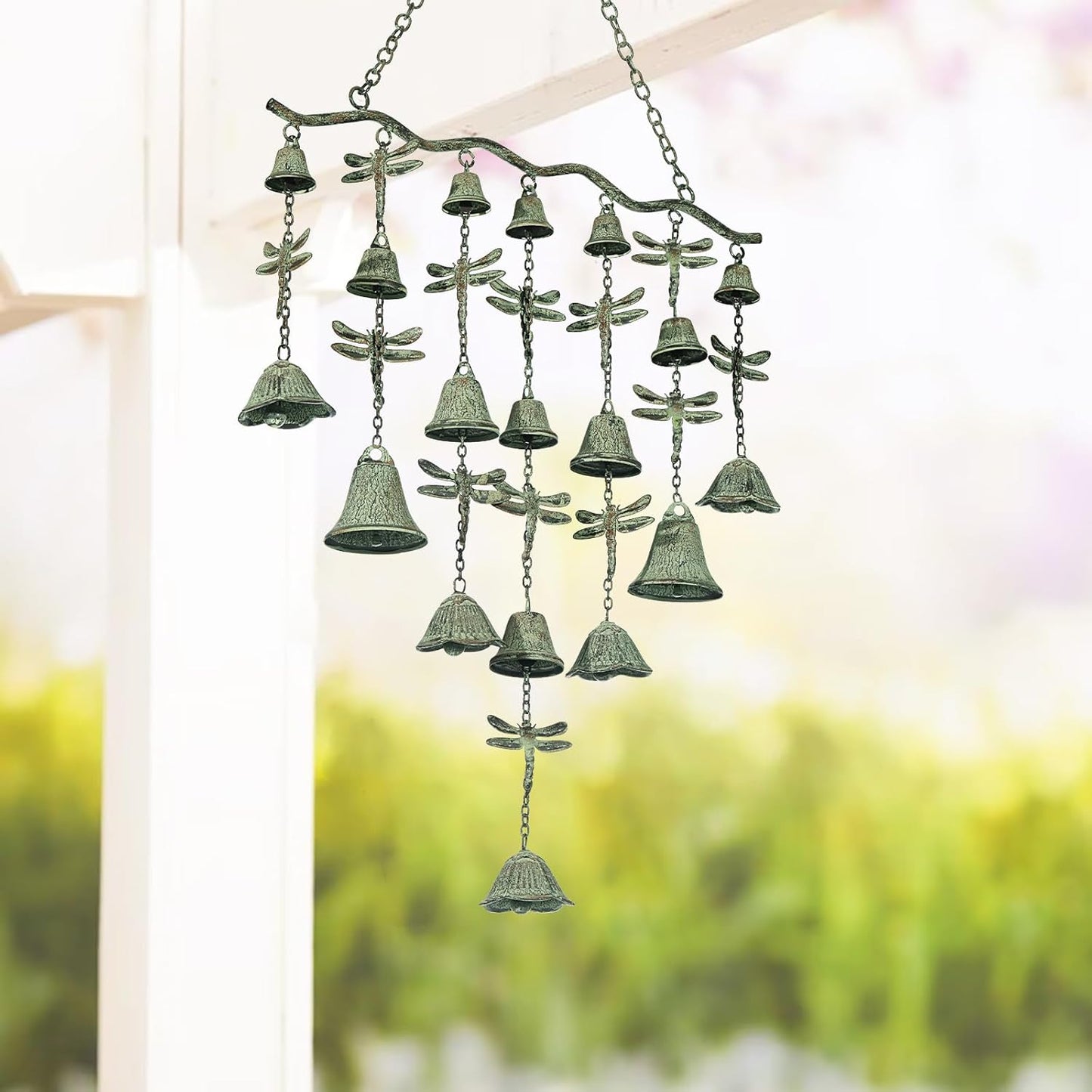Dragonfly Wind Chimes for Outside, Large Strung Verdigris Windchimes with Wrought Iron Bell for Garden, Patio, Porch Outdoor Decor, Memorial Sympathy