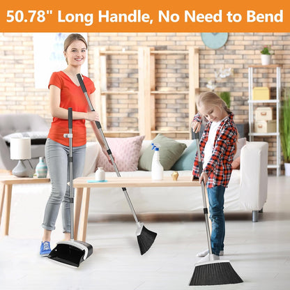 Broom and Dustpan Set, Heavy Duty Dust Pan with Long Handle 51 Inch Broom with Dustpan Combo Set Upright Self-Cleaning Dust Pan Home Kitchen Lobby Indoor Outdoor Sweeping Cleaning Tool - Gray