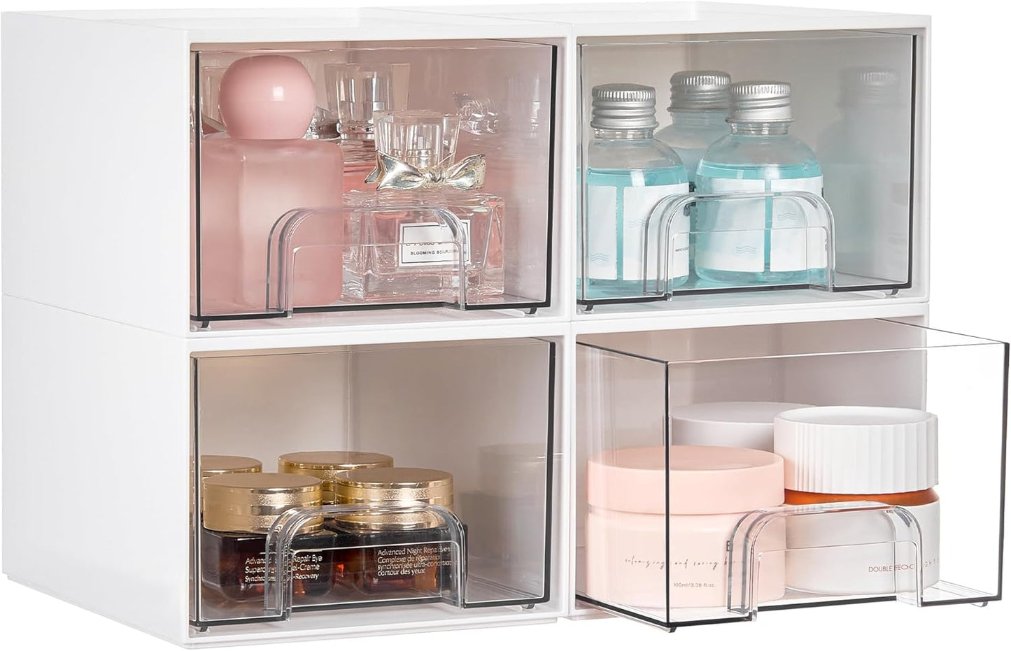Vtopmart 4Pack Small Stackable Storage Drawer, Bathroom Makeup Organizer,Plastic Storage Bins For Vanity, Undersink, Kitchen Cabinets, Pantry, Home Organization(White)