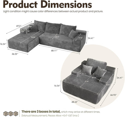 HOOOWOOO Cloud Sectional Couches for Living Room,Modular Sectional Sofa No Assembly,Plush Corduroy Large Floor Couch Furniture Set with Deep Seat Right L Shape and Chaise Lounge(Gray)