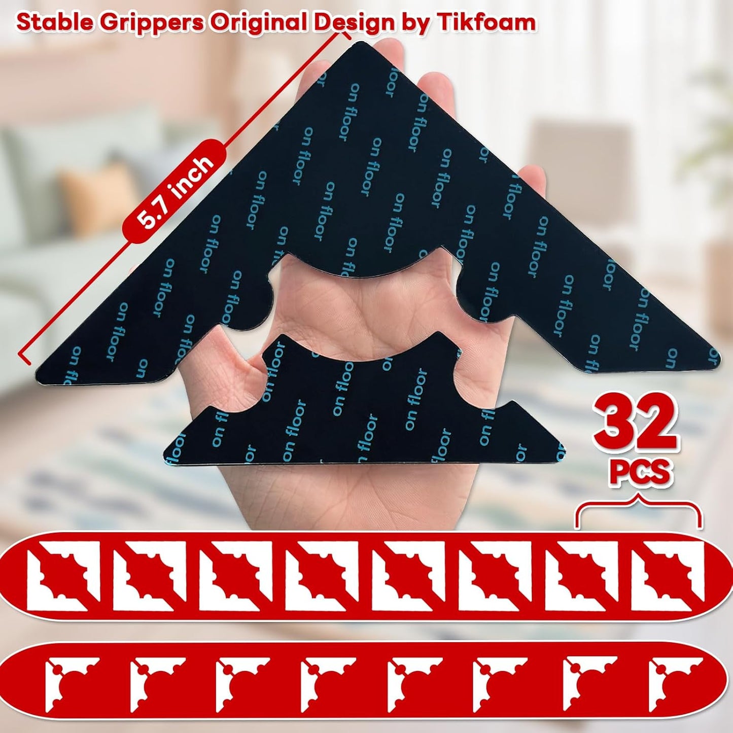 Rug Non Slip Grippers, Reusable Keep Rug Corner Down Tape Pads for Hardwood Floors, Strong Carpet Gripper for Area Rugs, No Damaging for Floor, 32Pcs