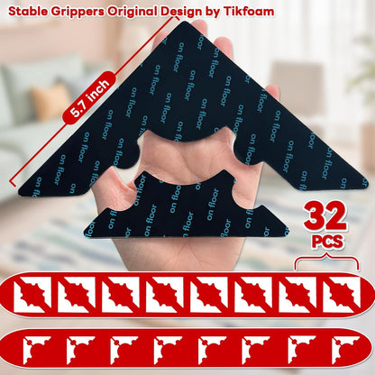 Rug Non Slip Grippers, Reusable Keep Rug Corner Down Tape Pads for Hardwood Floors, Strong Carpet Gripper for Area Rugs, No Damaging for Floor, 32Pcs