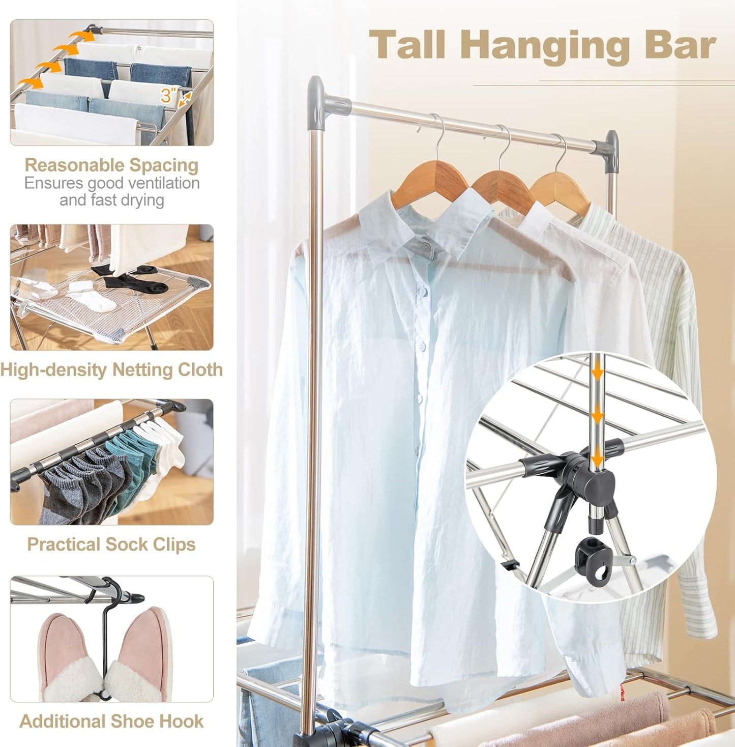 Tangkula Foldable Clothes Drying Rack, 2-Tier Laundry Drying Rack w/Tall Hanging Bar, Height Adjustable Gullwing, Freestanding Garment Stand for Indoor Outdoor Use