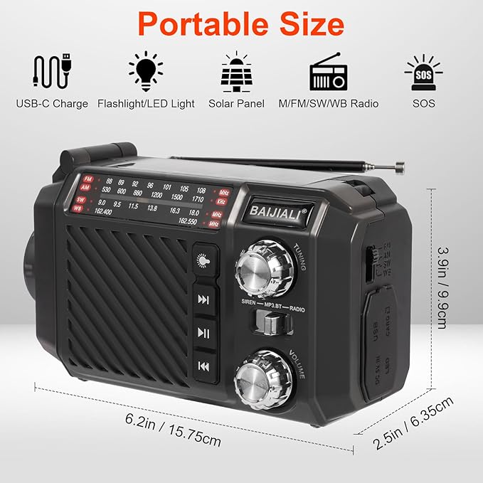 Hand Crank Emergency Weather Radio with 2600mAh/9620mWh Power Bank, NOAA AM FM Shortwave Portable Radio, Solar & USB-C Charging, Flashlight, SOS Alarm for Emergency Kits (Black)