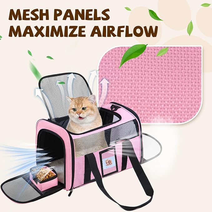 Cat Carrier Soft for Pets Up to 25 Lbs, Cat Travel Bag with Padded Shoulder Strap and Detachable Cat Food Bowl, Pet Dog Carriers for Small Dogs Travel Puppy Carry Airline Approved, Pink