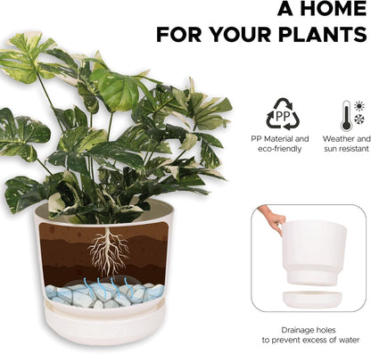 Elly Décor 10 inch Plastic Cylinder Planter Pot with Self-Watering Saucer and Drainage Hole,Lightweight & Extremely Durable, 10"x 10", White