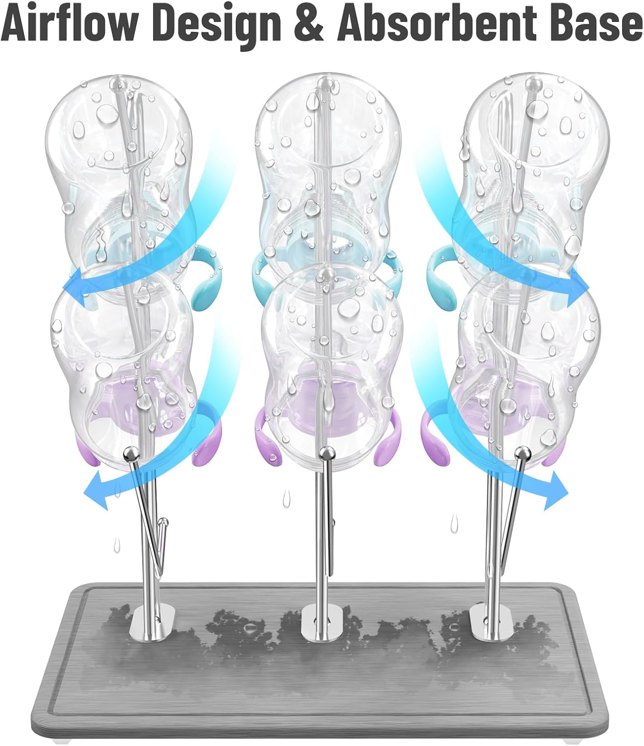 NiHome Baby Bottle Drying Rack with Diatomite Base & Stainless Steel Frame, Foldable Countertop Organizer Holds 9 Bottles, Space-Saving Stand for Water Bottles, Lids, Reusable Bags & More