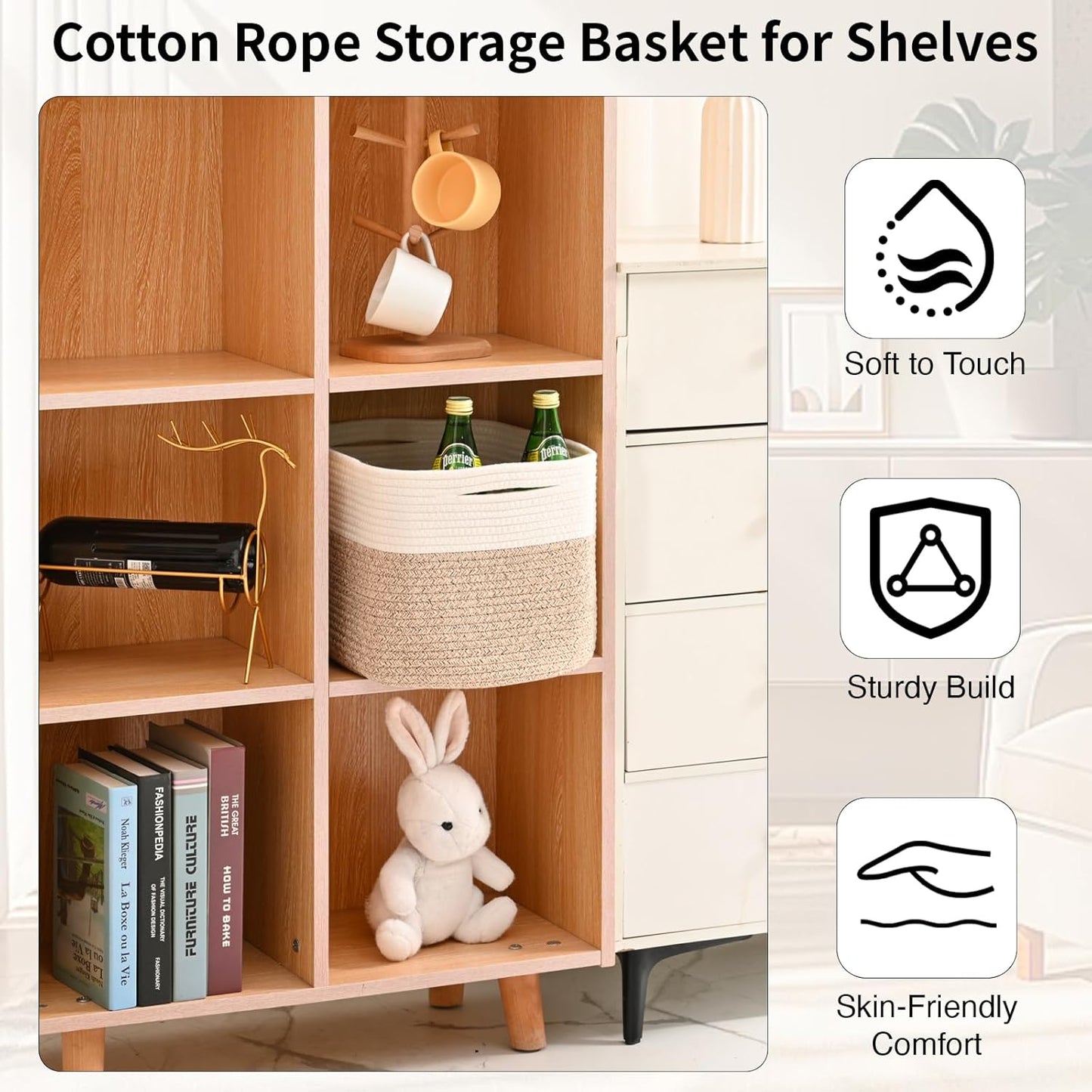 Woven Cotton Rope Storage Basket for Organizing, Cute Decorative Baskets for Gifts Empty, Organizer Bins for Dog Toy, Baby Laundry, 15“×11”×9.5“, Off White & Brown