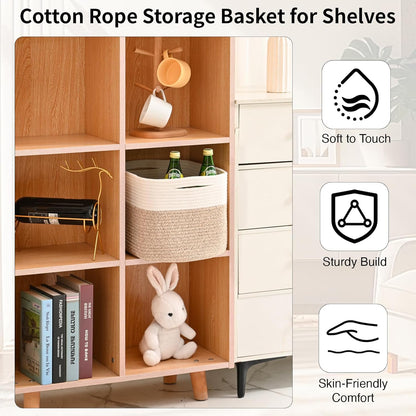 Woven Cotton Rope Storage Basket for Organizing, Cute Decorative Baskets for Gifts Empty, Organizer Bins for Dog Toy, Baby Laundry, 15“×11”×9.5“, Off White & Brown