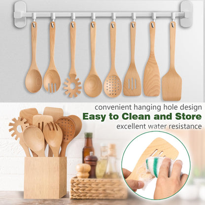 Wooden Spoons for Cooking, 8 Pcs Beech Wood Wooden Kitchen Cooking Spoon Utensil Tools Set Includes Spatula Skimmer Pasta Scoop Non-Stick Cookware Safe by HOWHONG