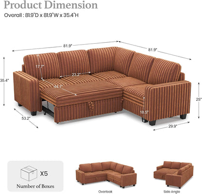 Belffin Plush Corduroy Modular Sectional Sofa with Pull Out Bed Convertible Small Sectional Corner Couch for Living Room Brick Red Couch