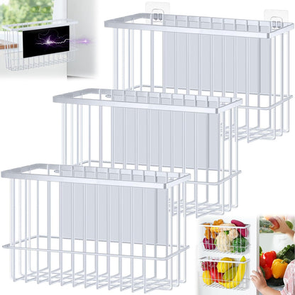 3 Pcs Magnetic or Adhesive Refrigerator Organizer Magnetic Baskets Kitchen Holder for Refrigerator Metal Shelf Rack Storage with 2 Types of Installation(White)