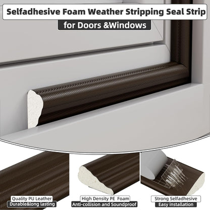 16.4 Ft Weather Stripping Seal Strip for Doors/Windows,Soundproofing Window Insulation Draft Stopper for Winter, Selfadhesive Foam Weather Strip for Door Frame,Door Gap Filler Noise Blocker(Brown)