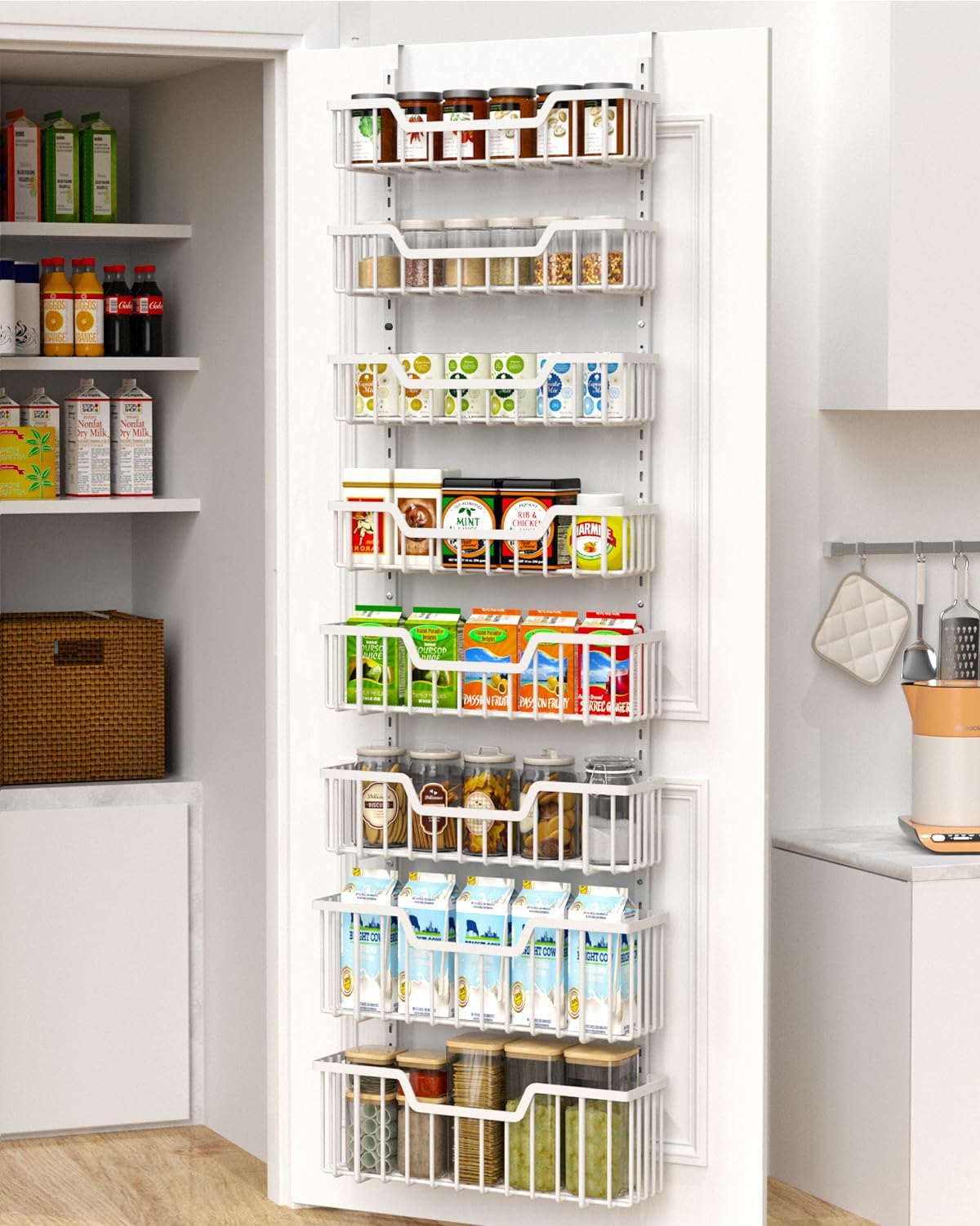 Over The Door Pantry Organizer, 8-Tier Pantry Door Organizer Shelves | 3 Sizes | Adjustable Basket | Metal Hanging Spice Rack for Kitchen, Pantry, Cabinet, Back of Door Seasoning Rack, White