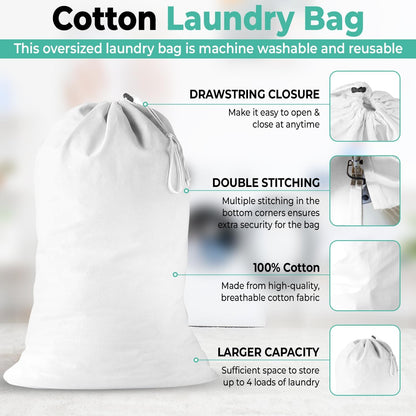 2 Pack - Extra Large Cotton Laundry Bag, Heavy Duty Large Laundry Bags 24 x 36 inch XL Drawstring Travel Organizer Bag Fit Hamper Basket Camp (WHITE, Pack of 2)