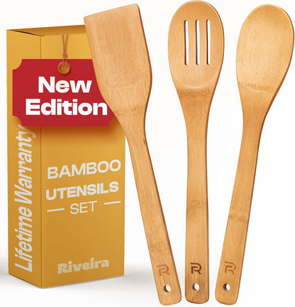 Riveira Bamboo Wooden Spoons for Cooking 3-Piece, Apartment Essentials Wood Spatula Spoon Nonstick Kitchen Utensil Set Premium Quality Housewarming Gifts for Everyday Use